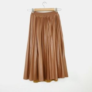 brown pleat pleather faux leather midi skirt XS/S